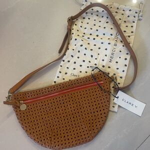 Clare V Brown Crochet Crossbody Bag with Red Accent